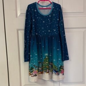 Kids Festive Blue Dress with Snowflake Design